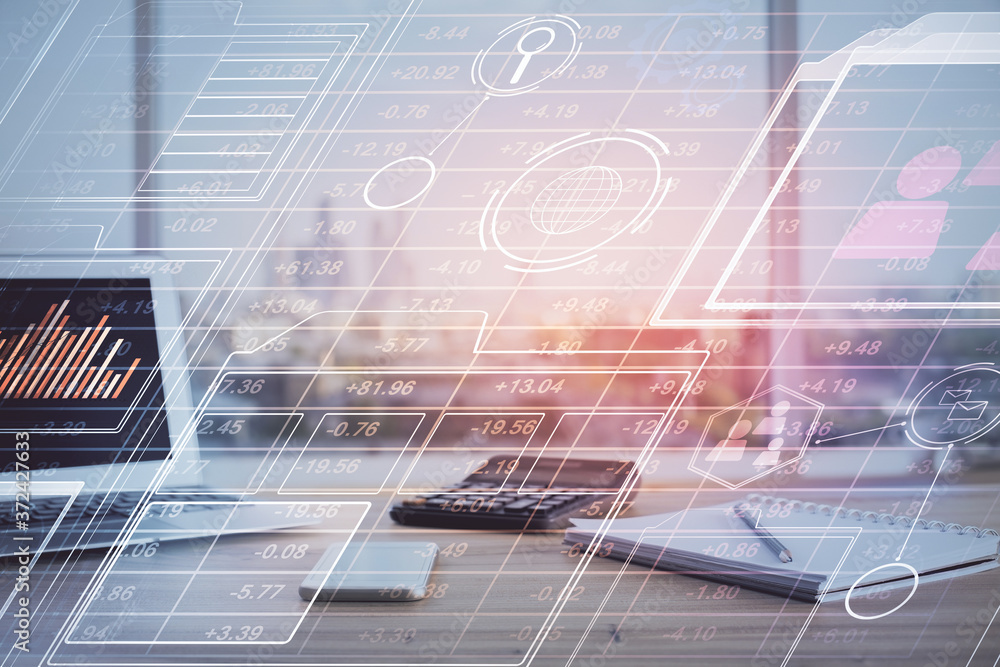 Double exposure of desktop computer and technology theme hologram. Concept of software development. Double exposure of desktop computer and technology theme hologram. Concept of software development.
