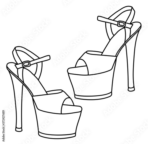 Womens seductive high-heeled and platform shoes. For strip dances. Black outline drawing on a white background. Vector