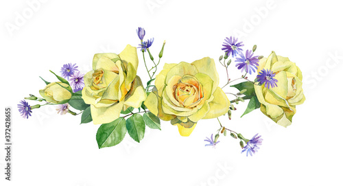 Watercolor yellow roses and wild blue flowers on white background