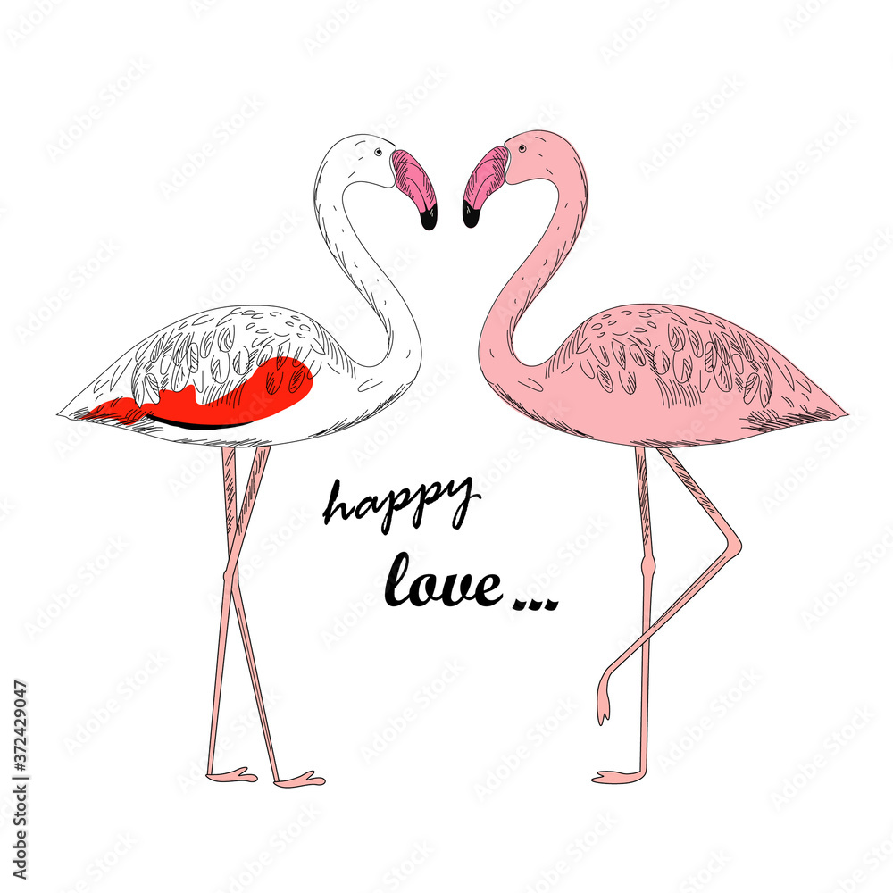 Naklejka premium Two beautiful flamingos in love and text