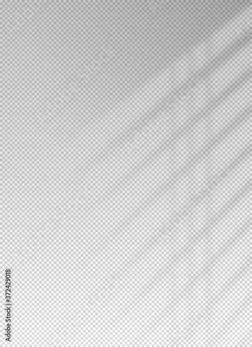 Shadow blinds. Light from window. Overlay effect. Shade jalousie transparent. Isolated background. Light on window blinds. Reflected shadow on wall. Realistic soft shade blind. Vertical mockup. Vector