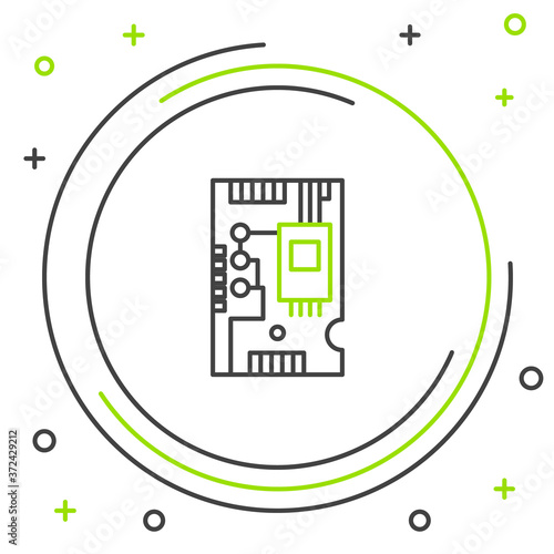 Line Electronic computer components motherboard digital chip integrated science icon isolated on white background. Circuit board. Colorful outline concept. Vector.