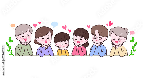 대가족은 손으로 턱을 받친 자세를 하고 행복하게 웃고있다.