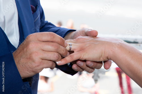 bride and groom couple exchange of wedding rings in marriage day