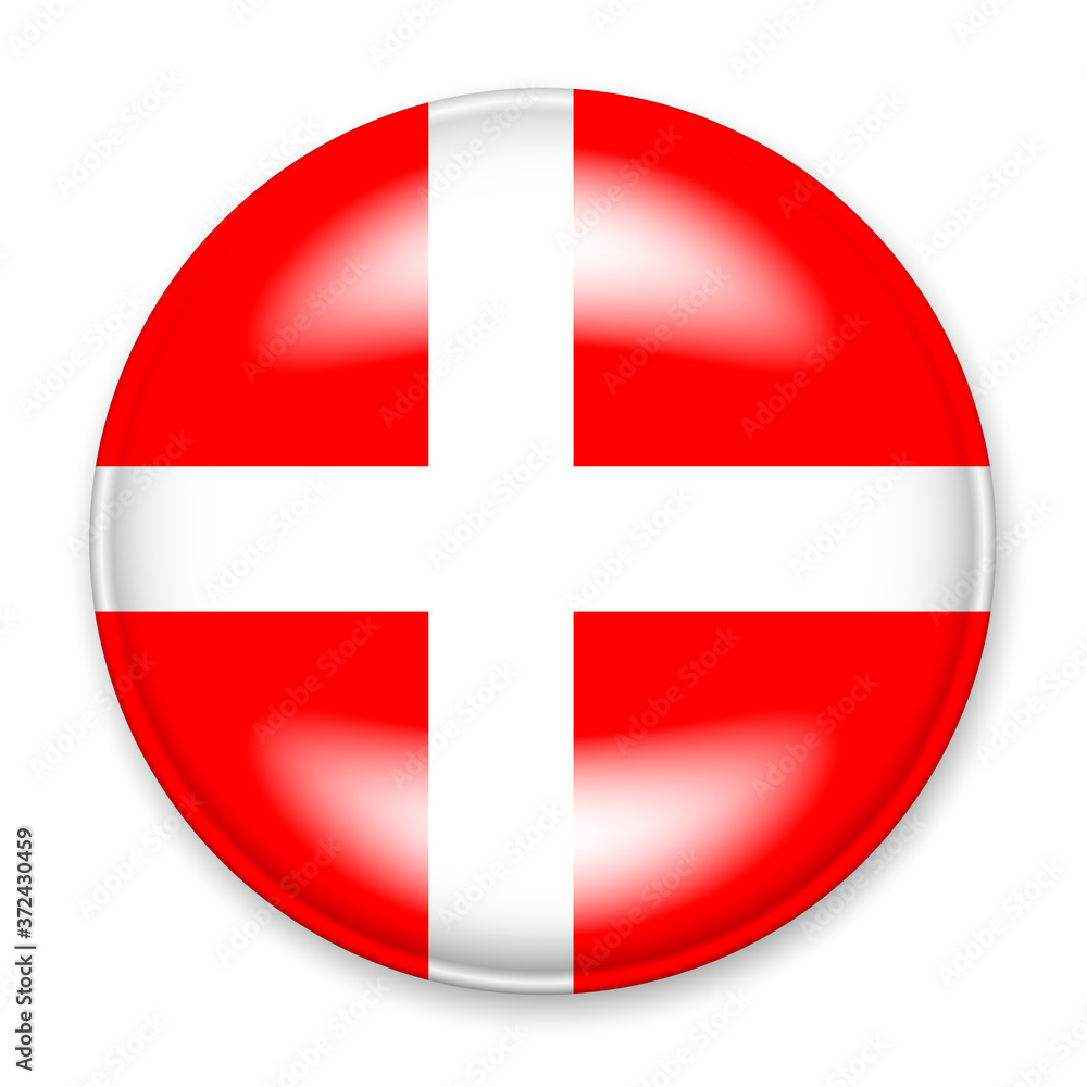 Flag of Denmark in the form of a round button with a light glare and a shadow. The symbol of Independence Day, a souvenir, a button for switching the language on the site, an icon. Flag of Denmark in the form of a round button with a light glare and a shadow. The symbol of Independence Day, a souvenir, a button for switching the language on the site, an icon.