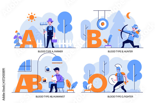 Vector Health and Medical Illustration flat and outline design style, Blood Type A Farmer, B Hunter, AB Humanist, O Fighter