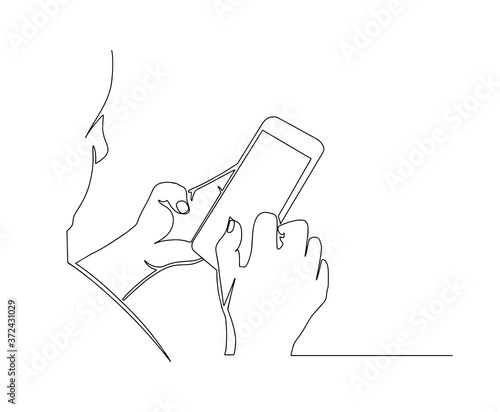 Continuous one line drawing Smartphone phone in hand. Simple line drawing hand using modern mobile phone. view of man hands holding smart phone