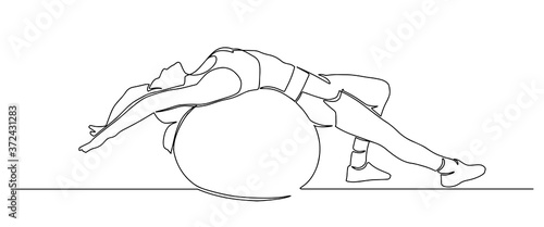Beautiful girl in sports clothes sitting on a fitness ball one line. young girl doing exercises with fit ball continuous line drawing. woman doing pilates exercises with fit ball. Vector illustration.