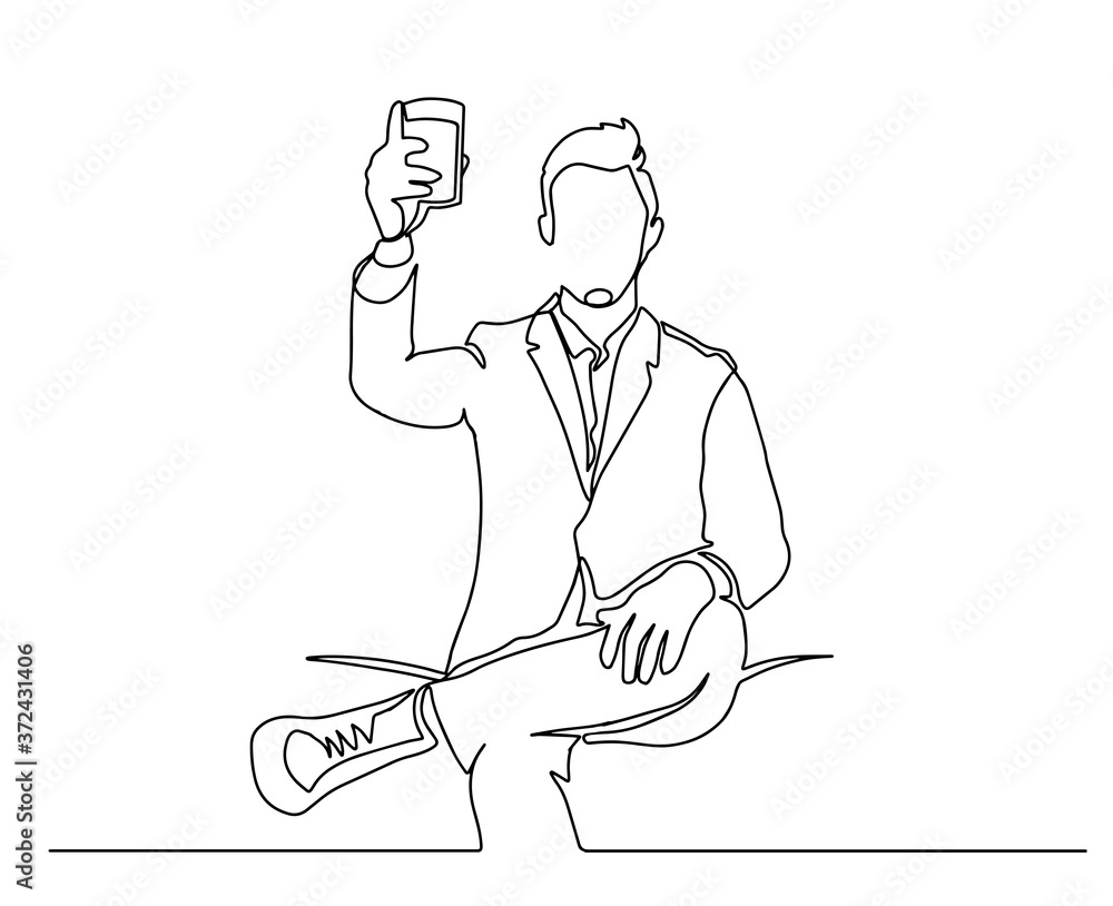 Continuous one line drawing glass of wine in hand toasting on white ...