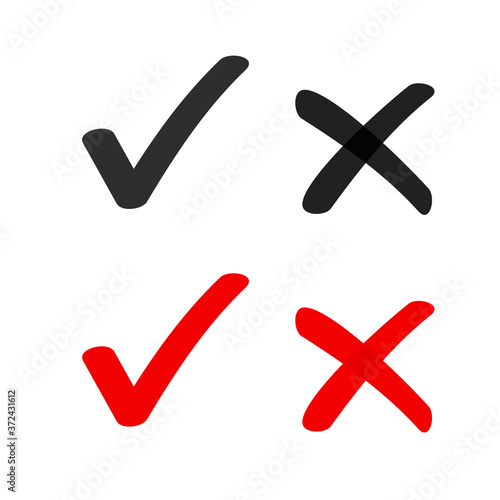 Yes no check box list marker ticks icons vector isolated, x close handdrawn cross, ok doodle poll vote checkmark, right wrong drawing, approved and declined decision form accept or deny element sign