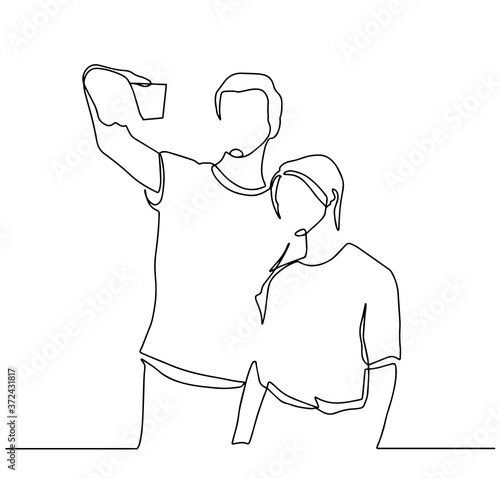 Continuous One Line Drawing of Selfie lover couple. Vector illustration portrait character of young man and woman, holding smartphone, making selfie photo with smile and happiness. Outline sketch