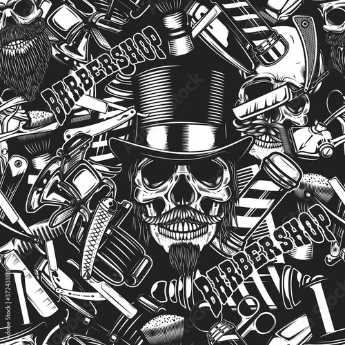 Seamless pattern with barbershop design elements in monochrome style. Design element for poster, card, banner. Vector illustration