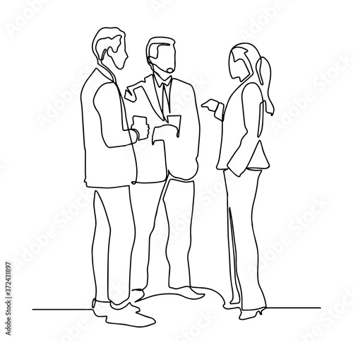 Continuous line drawing of business resume, presentation or training. Template for your design work. Vector illustration. continuous drawing of a business team talking
