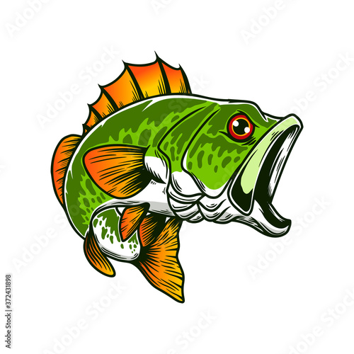 Illustration of bass fish. Big perch. Perch fishing. Design element for logo, emblem, sign, poster, card, banner. Vector illustration