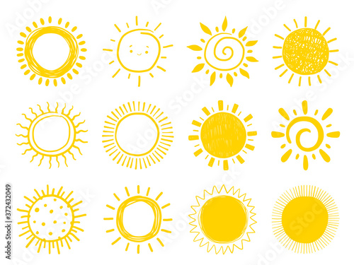 Set of summer yellow stylized suns. Hand drawn summer logos and icons