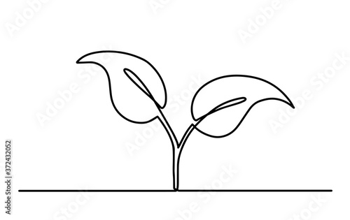 One continuous line of art is growing sprouts. Plant seed leaves grow soil seedling eco-natural farm concept design one sketch contour drawing vector illustration. Single continuous line art growing