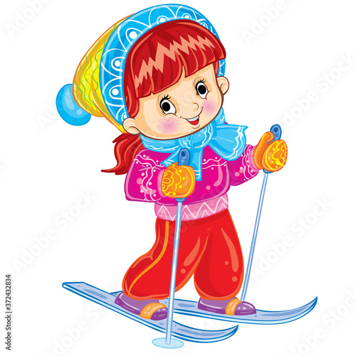 cute girl in a big knitted hat is skiing, cartoon illustration, postcard, isolated object on a white background vector,