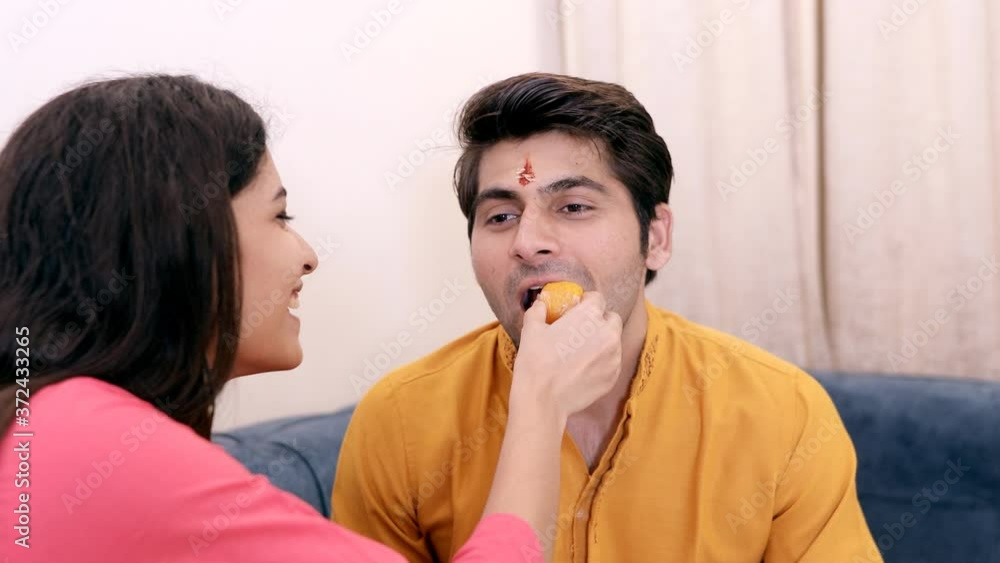 Indian Brother And Sister Happily Celebrating Raksha Bandhanbhai Dooj Festival Beautiful Young 