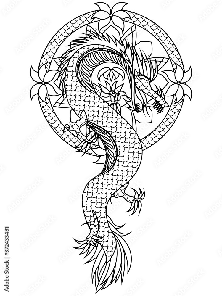 Obraz premium tattoo sketch with a dragon in the floral circle