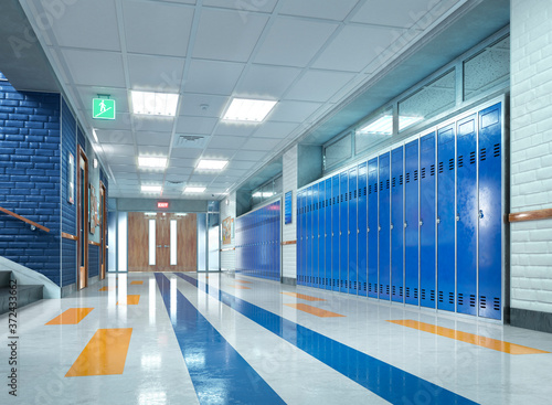Stampa su Tela School corridor with lockers. 3d illustration