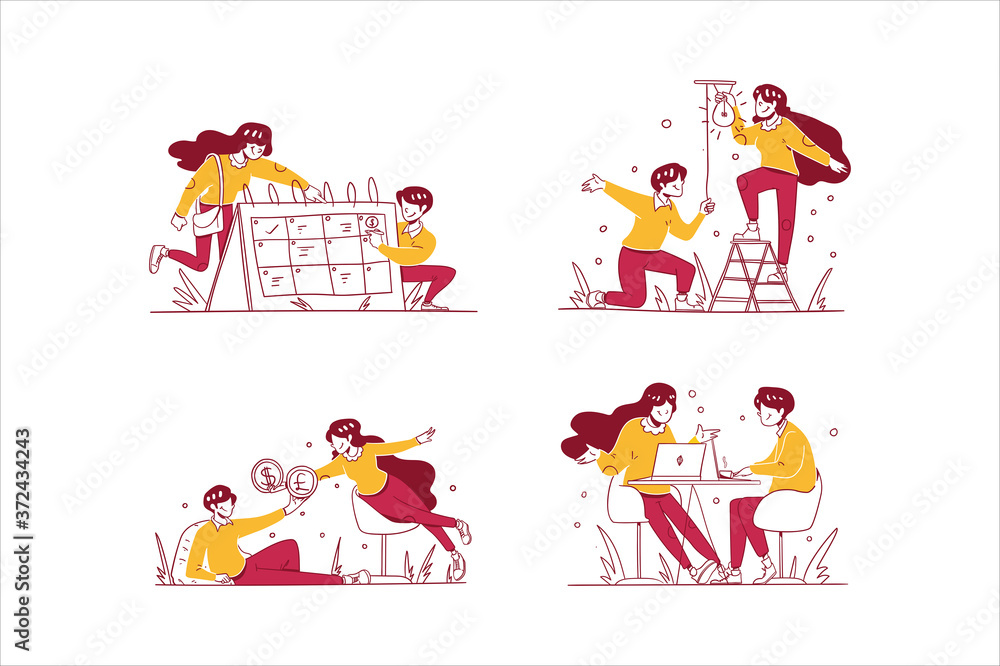 Vector Business & finance illustration hand drawn design style, Man and woman scheduling with calendar, have some idea, money change, discussion of meeting