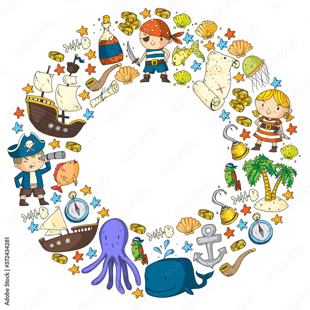 Vector pirate set in cartoon style. Sweet card with pirates, ship, whale, crab, octopus, mermaid, rum, anchor, treasure, fish, island and parrot. Vector pirate set in cartoon style. Sweet card with pirates, ship, whale, crab, octopus, mermaid, rum, anchor, treasure, fish, island and parrot.