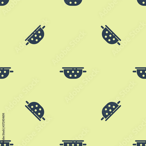 Blue Kitchen colander icon isolated seamless pattern on yellow background. Cooking utensil. Cutlery sign. Vector.