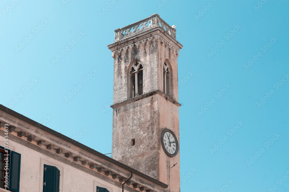 Clock tower in the central square of Pietrasanta, Italy