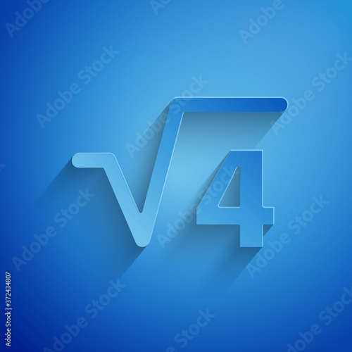 Paper cut Square root of 4 glyph icon isolated on blue background. Mathematical expression. Paper art style. Vector.