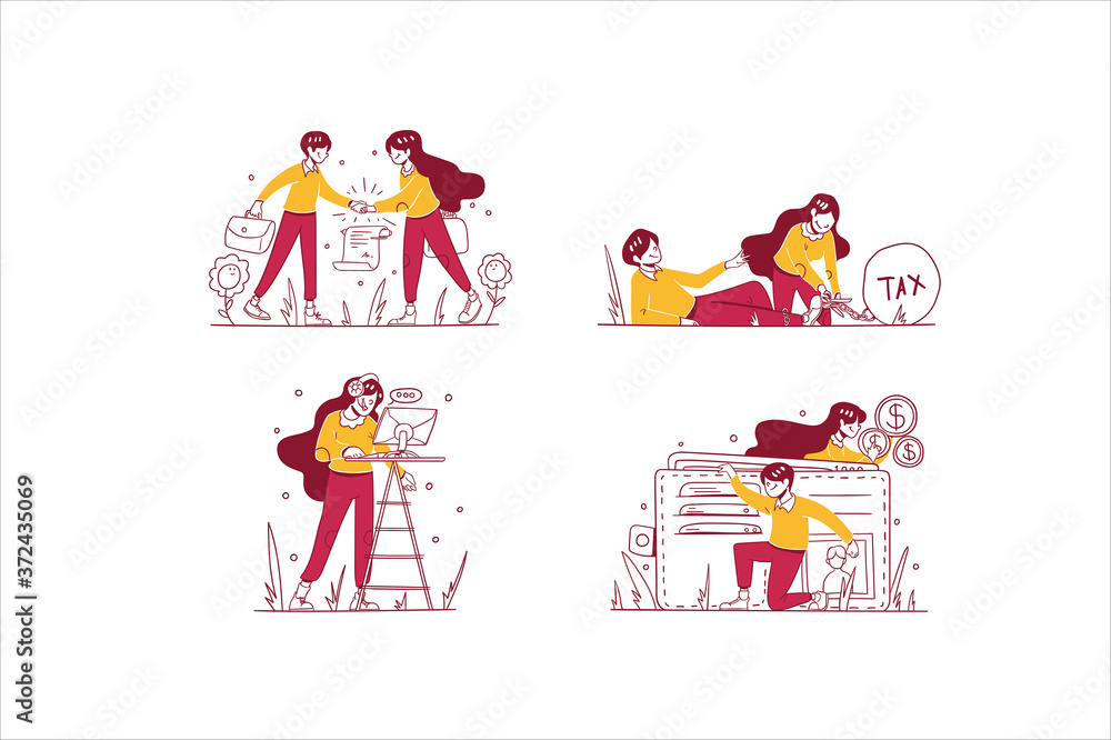 Fototapeta premium Vector Business & finance illustration hand drawn design style, man and woman doing deal agreement, cut the tax, customer service support, saving money in wallet