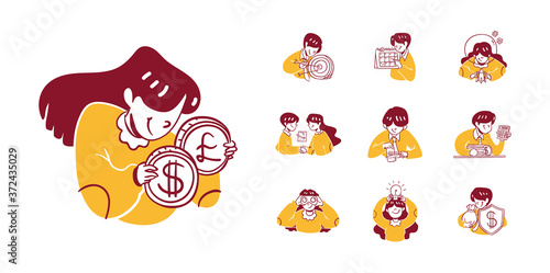 Business and Finance Icon Illustration in Outline Hand Drawn Design Style.Man, Woman, Deal, target, dollar, schedule, tax, cutting, accounting, binoculars, idea, money, protection, shield, trading