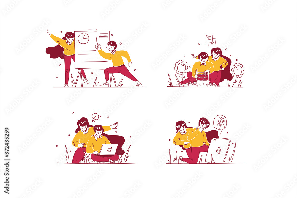 Fototapeta premium Vector Business & finance illustration hand drawn design style, man and woman doing presentation, calculating with abacus, have some idea, and hiring workers