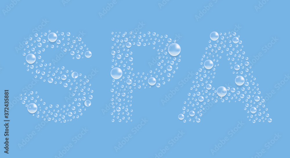Vetor de SPA. The word from bubbles on blue background. 3d vector