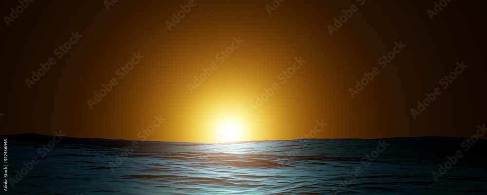 Sunset over the ocean 3d rendering illustration. Wide horizontal 3d illustration of sunset over the sea.