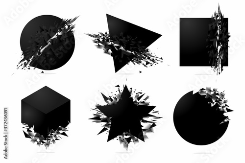 Abstract explosion shapes set with black particles. Bang futuristic design elements collection. Design templates.