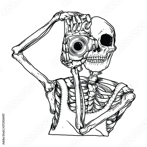 tattoo and t-shirt design black and white hand drawn  skeleton with camera premium vector