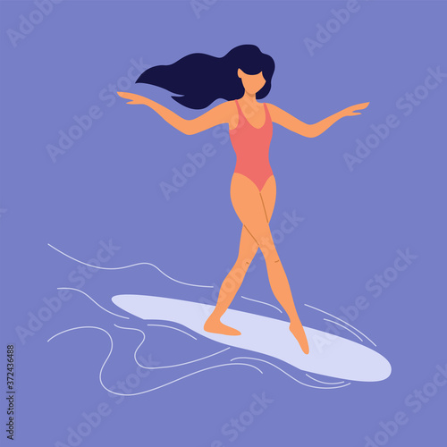 Young woman in swimsuit surfing and dancing on board. Girl with long hair walking on longboard surface. Female surf lifestyle and catching waves. Summer time in sea and surfboard vector illustration