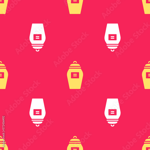 Yellow Funeral urn icon isolated seamless pattern on red background. Cremation and burial containers, columbarium vases, jars and pots with ashes. Vector.