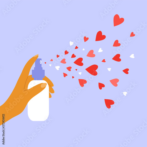 Aerosol with hearts. Giving and sharing love concept. Human hand holding dispenser and spraying with red heart shapes. Health, body or beauty care. Charity, donation or voluntary vector illustration.