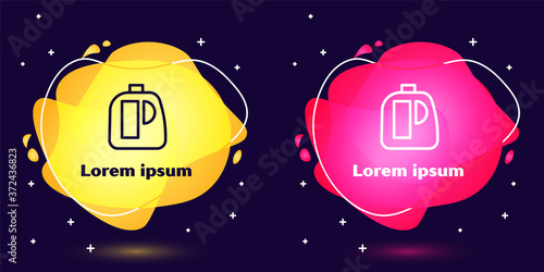 Set line Plastic bottles for laundry detergent, bleach, dishwashing liquid or another cleaning agent icon isolated on blue background. Abstract banner with liquid shapes. Vector Illustration.