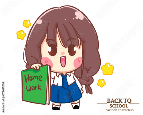 Cute Girl children student uniforms holding book back to school. Cartoon illustration Premium Vector