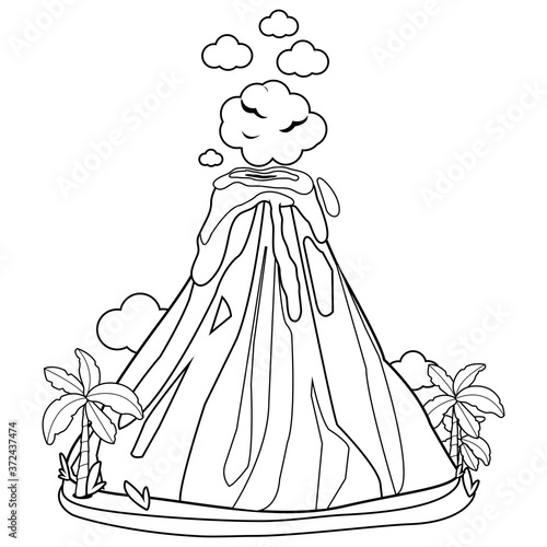 Volcano erupting in an island. Vector black and white coloring page