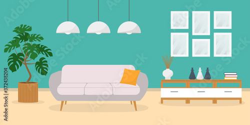 Living room interior with sofa and modern furniture in flat design. Home or house inside. Vector illustration.