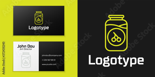 Logotype line Cherry jam jar icon isolated on black background. Logo design template element. Vector.