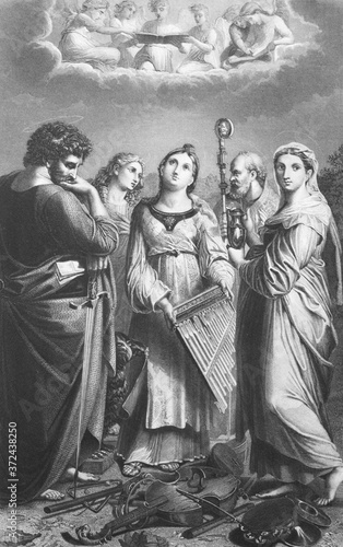 Saint Cecilia, painting by Raphael in the old book in the old book Rembrandt by Knuckfus, S. Peterburg, 1890 by A. Andreieva, St. Petersburg, 1878