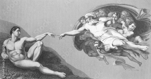 Fotografija Creation of Adam by Buonarroti in the old book in the old book Rembrandt by Knuckfus, S