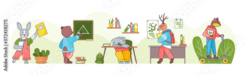 Illustration of animals in a classroom. Collection of funny cartoon animals students. Back to school set. Characters of forest inhabitants get an education, studying with books, siting at a desk
