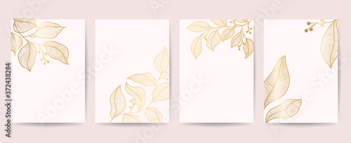 Minimal cover design with Golden leaves and floral line arts. Vector illustration.