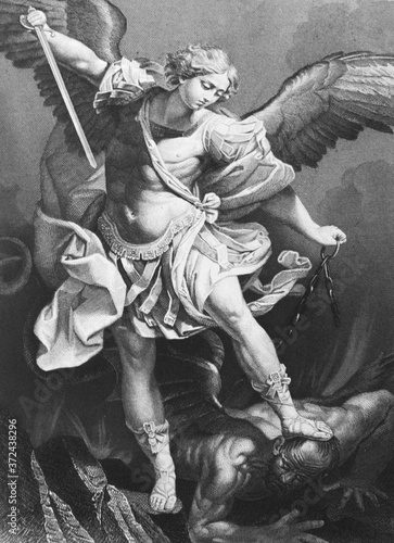 Fotografiet Archangel Michael, painting by Guido Reni in the old book in the old book Rembrandt by Knuckfus, S