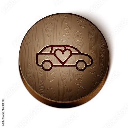 Brown line Luxury limousine car icon isolated on white background. For world premiere celebrities and guests poster. Wooden circle button. Vector.